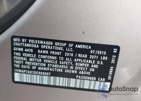 2013 Volkswagen Passat 2.5L S из США, поврежденный, VIN 1VWAP7A31DC003007